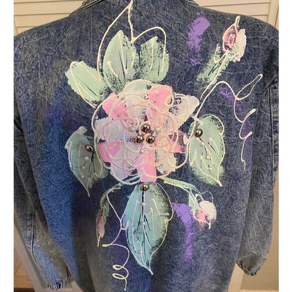 Vintage VTG 1980s Acid Wash Denim Floral Painted Studded Duster Jacket Large - Picture 6 of 8